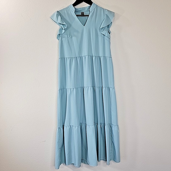 Shein Tiered Ruffle Maxi Dress Blue Womens XS Runs Big Flutter Sleeve - Picture 1 of 7